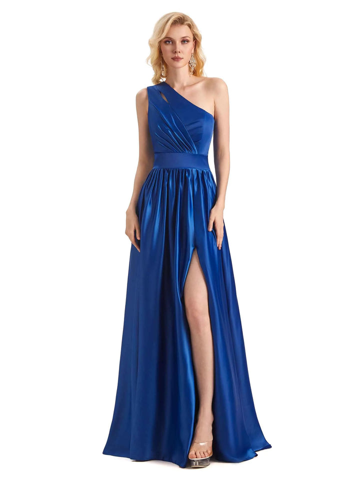 Elegant One Shoulder A-line Side Slit Soft Satin Long Formal Prom Dresses