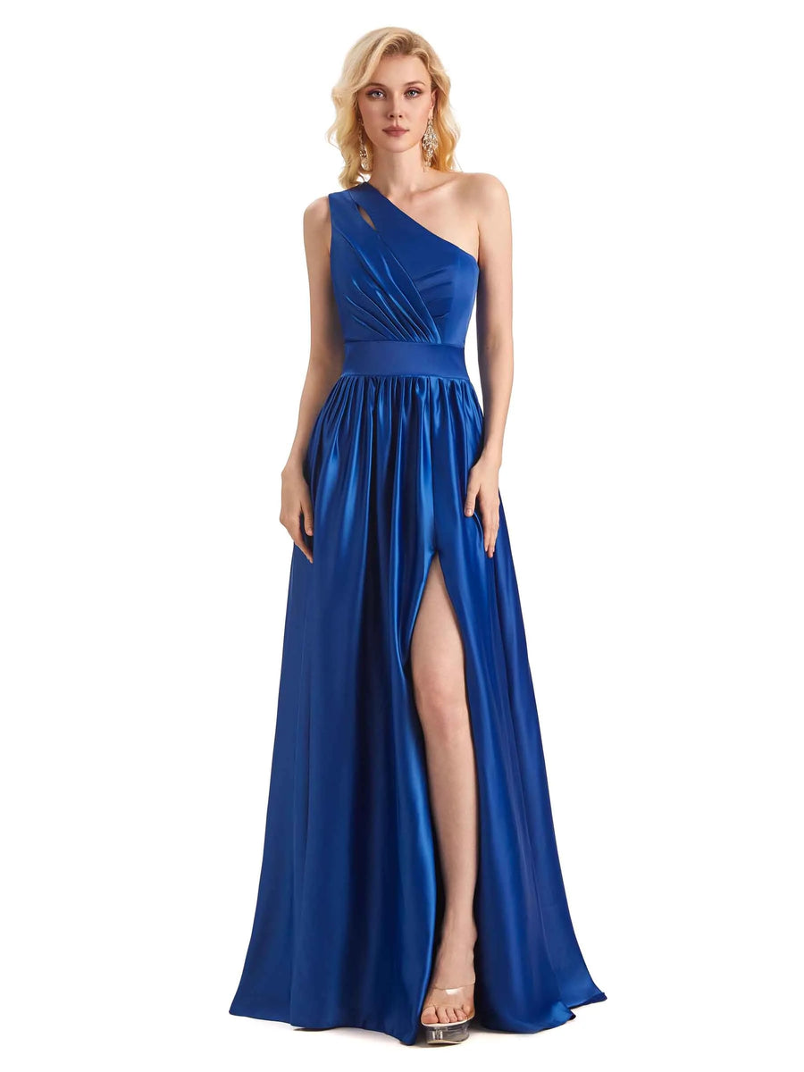 Elegant One Shoulder A-line Side Slit Soft Satin Long Formal Prom Dresses