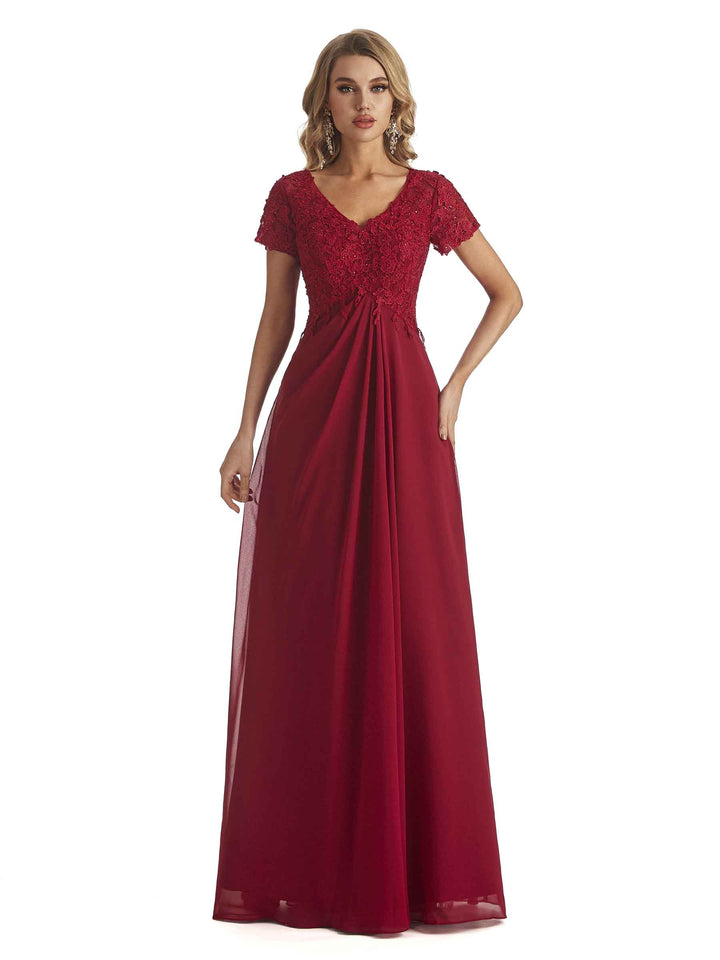 Elegant V-neck Short Sleeves Chiffon Lace Mother Of the Brides Dresses