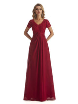 Elegant V-neck Short Sleeves Chiffon Lace Mother Of the Brides Dresses