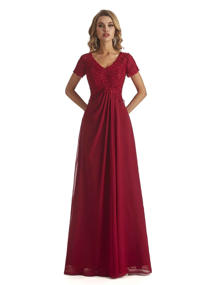 Elegant V-neck Short Sleeves Chiffon Lace Mother Of the Brides Dresses