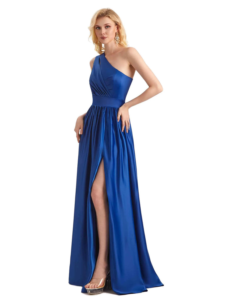 Elegant One Shoulder A-line Side Slit Soft Satin Long Formal Prom Dresses