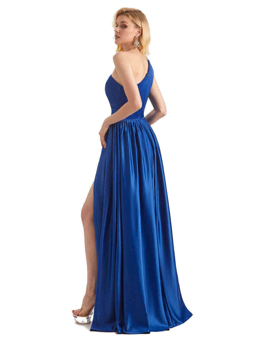 Elegant One Shoulder Side Slit Soft Satin Long Wedding Guest Dresses