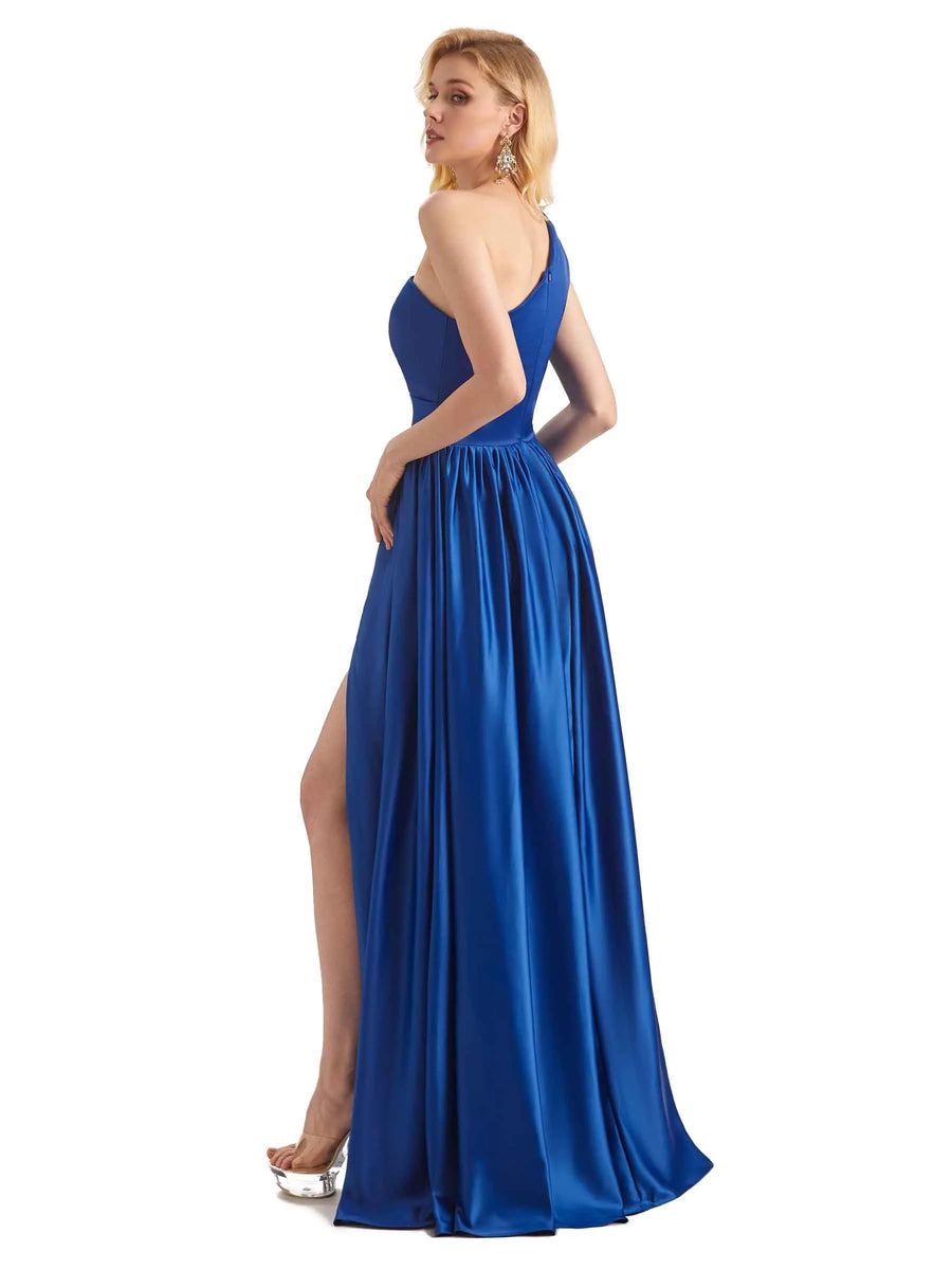 Elegant One Shoulder A-line Side Slit Soft Satin Long Formal Prom Dresses