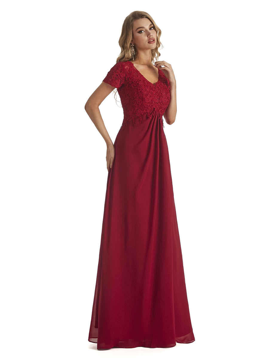 Elegant V-neck Short Sleeves Chiffon Lace Mother Of the Brides Dresses
