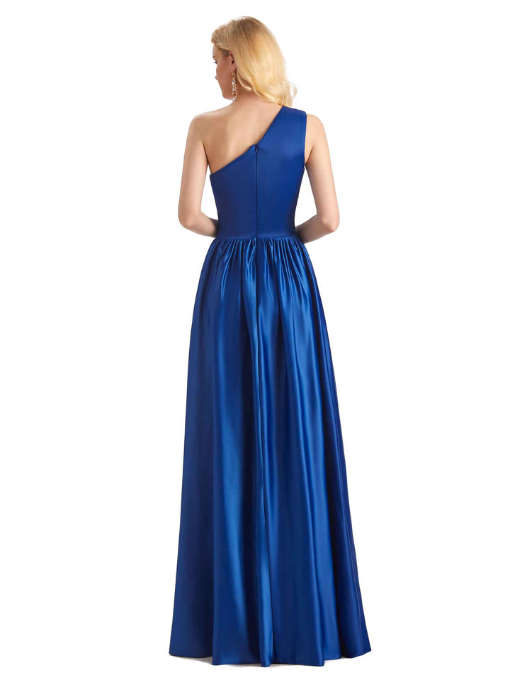 Elegant One Shoulder Side Slit Soft Satin Long Wedding Guest Dresses