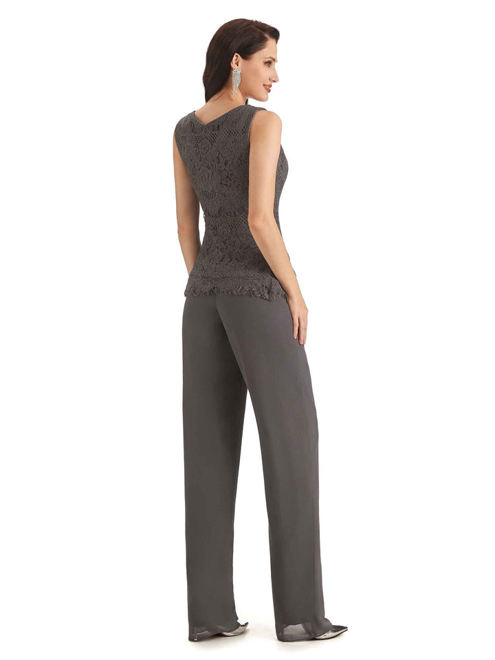 Elegant Jewel Lace Sleeveless  Pant Suit Mother Of The Bride With Jacket