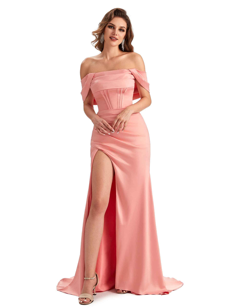 Sexy Side Slit Mermaid Soft Satin Off The Shoulder Unique Long Wedding Attendee Dresses