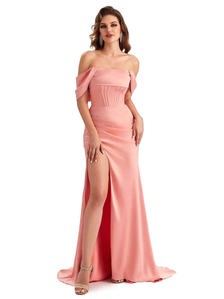 Sexy Side Slit Mermaid Soft Satin Off The Shoulder Unique Long Wedding Attendee Dresses