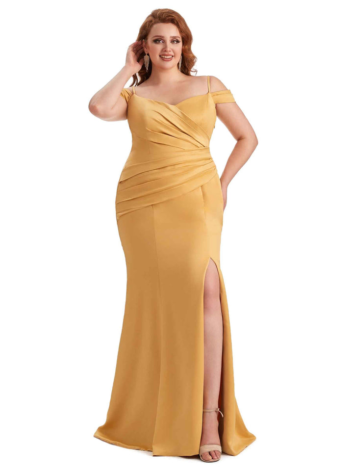 Plus Size Elegant Cold Shoulder Side Slit Mermaid Soft Satin Long Bridesmaid Gowns