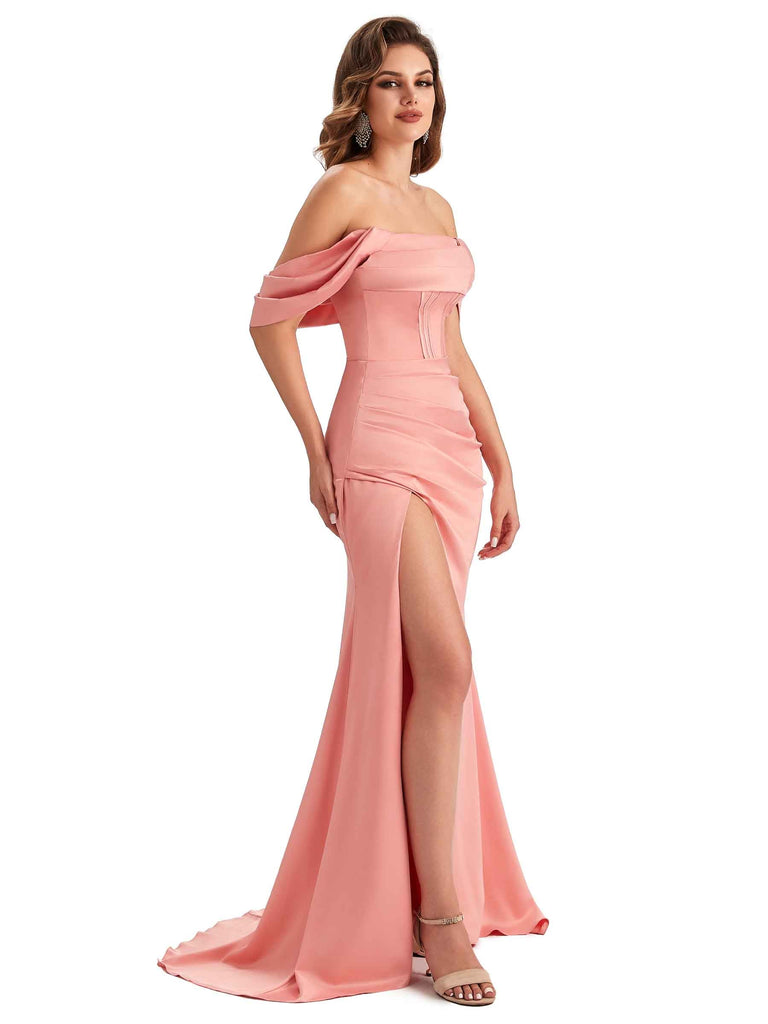 Sexy Side Slit Mermaid Soft Satin Off The Shoulder Unique Long Wedding Attendee Dresses