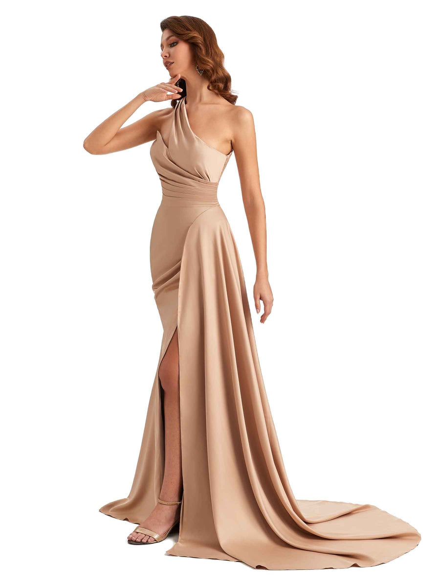 One shoulder Side Slit Mermaid Silky Satin Unique Long Formal Wedding Guest Dresses