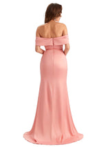 Sexy Side Slit Mermaid Soft Satin Off The Shoulder Unique Long Wedding Attendee Dresses