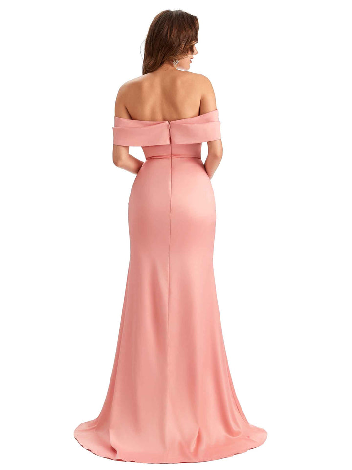 Sexy Side Slit Mermaid Soft Satin Off The Shoulder Unique Long Wedding Attendee Dresses