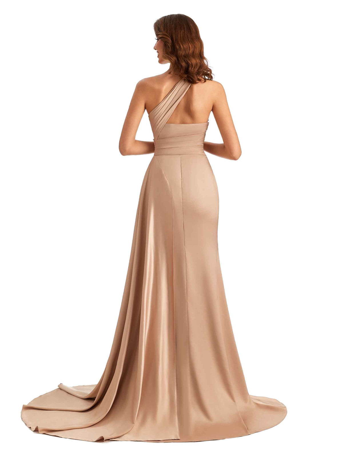 One shoulder Side Slit Mermaid Silky Satin Unique Long Formal Wedding Guest Dresses