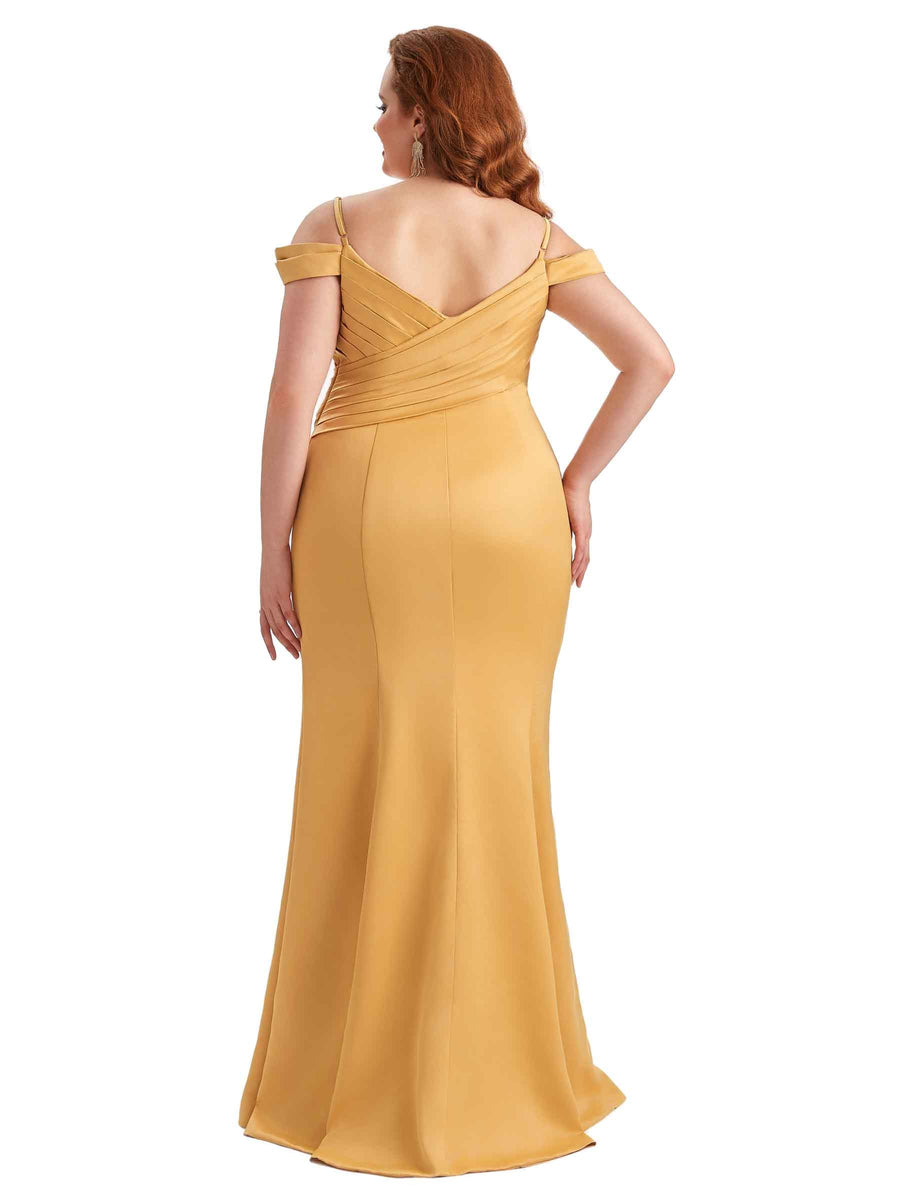 Plus Size Elegant Cold Shoulder Side Slit Mermaid Soft Satin Long Bridesmaid Gowns