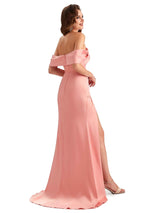 Sexy Side Slit Mermaid Soft Satin Off The Shoulder Unique Long Wedding Attendee Dresses