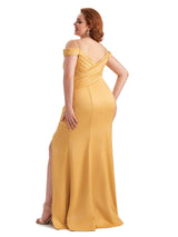 Plus Size Elegant Cold Shoulder Side Slit Mermaid Soft Satin Long Bridesmaid Gowns
