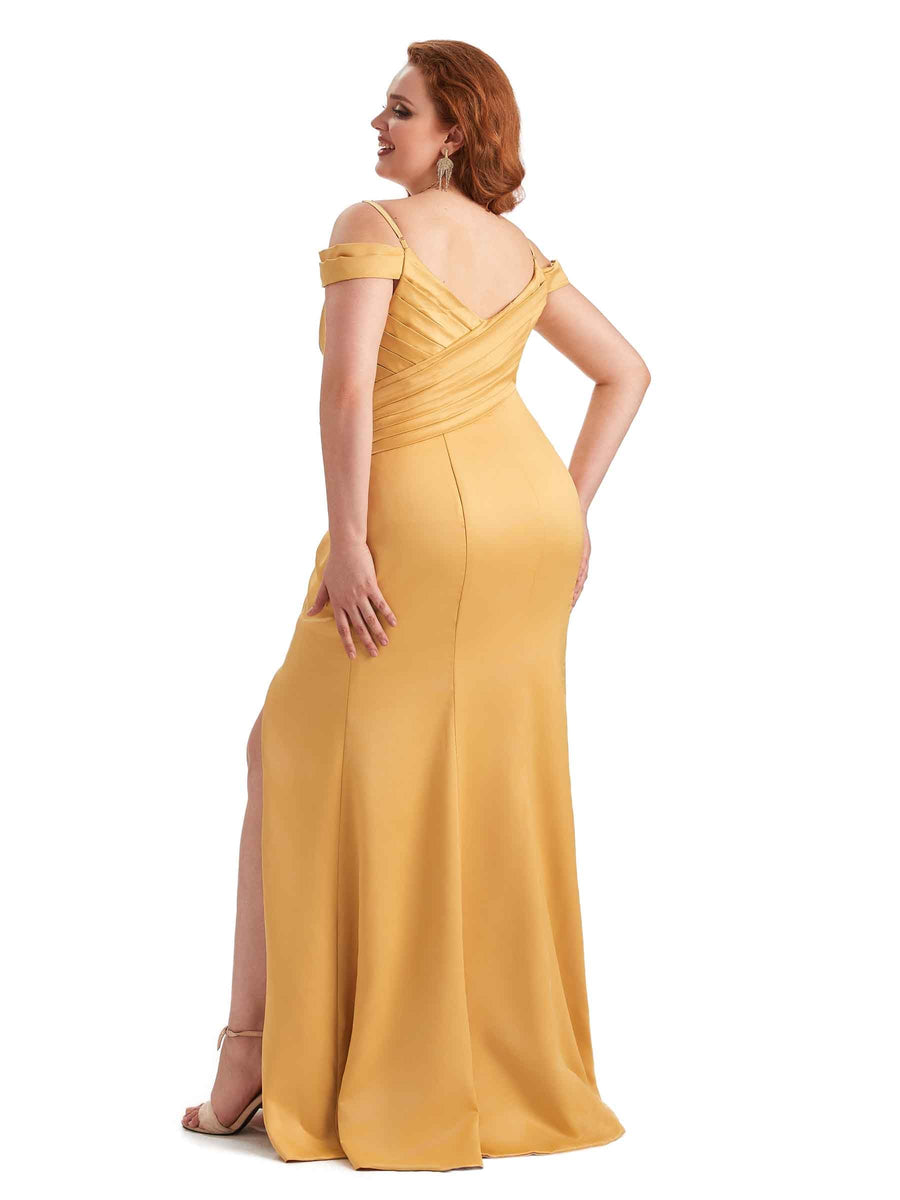 Plus Size Elegant Cold Shoulder Side Slit Mermaid Soft Satin Long Bridesmaid Gowns