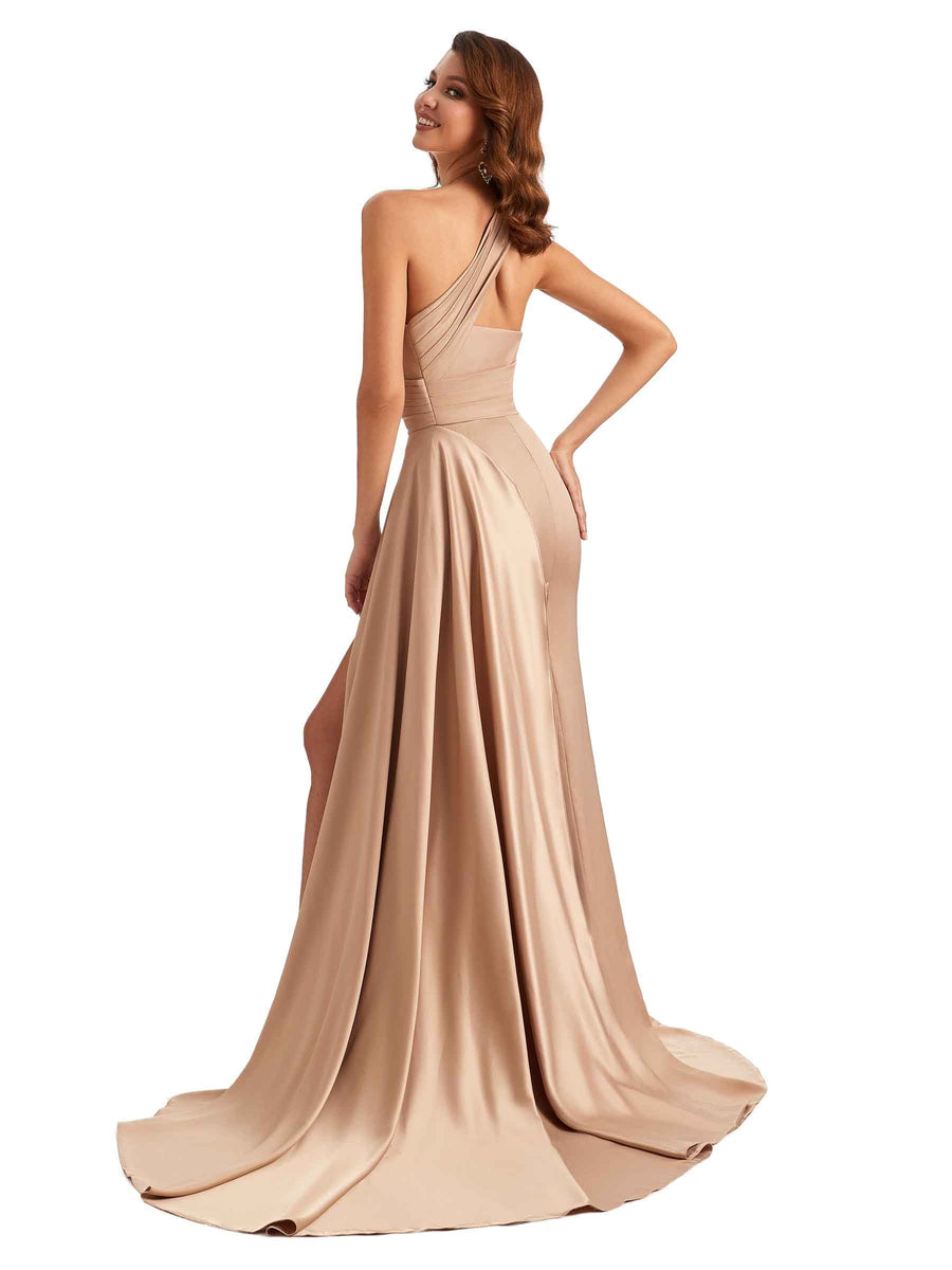 One shoulder Side Slit Mermaid Silky Satin Unique Long Formal Wedding Guest Dresses