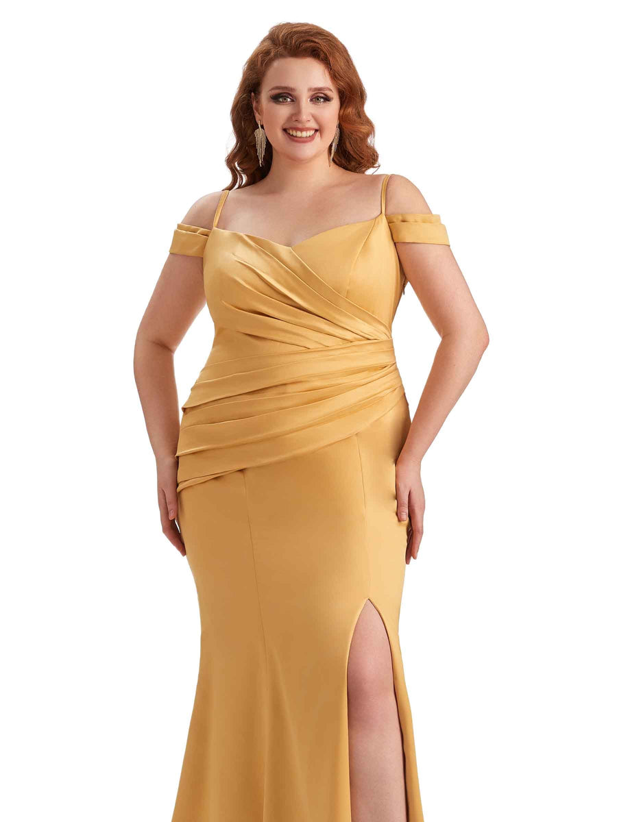 Plus Size Elegant Cold Shoulder Side Slit Mermaid Soft Satin Long Bridesmaid Gowns