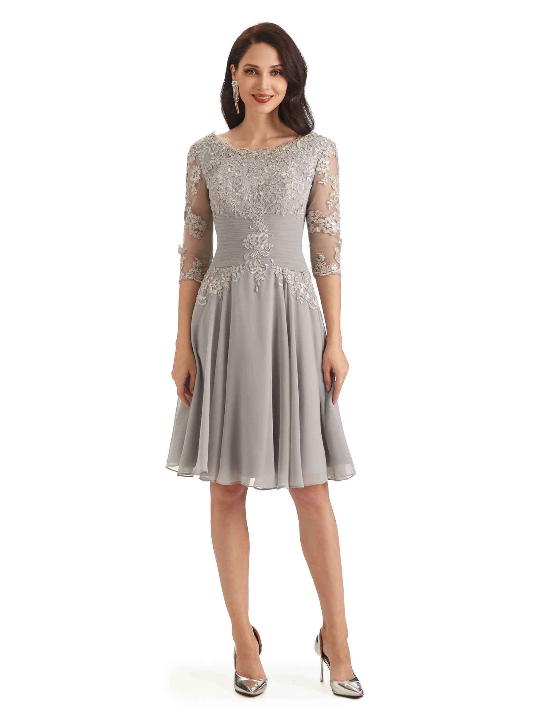 Elegant Scoop Lace Chiffon Half Sleeves Knee Length Short Mother Of The Bride Dresses