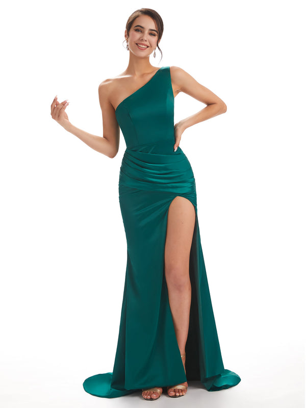 Sexy Unique Satin Side Slit One Shoulder Long Mermaid Prom Dresses Online