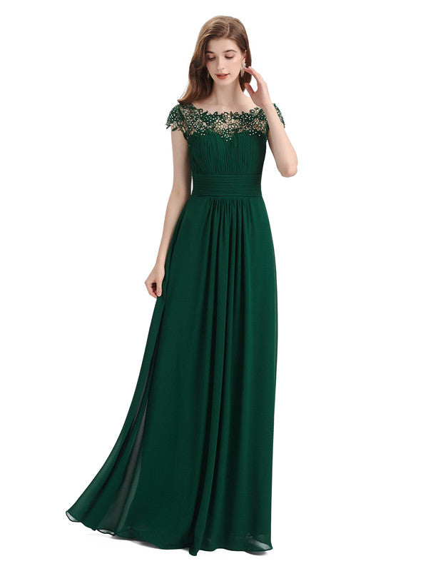 Elegant A-line Short Sleeve  Floor-Length Bridesmaid Dresses