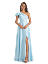 Sexy Soft Satin Side Slit A-Line One Shoulder Ladies Long Bridesmaid Dresses