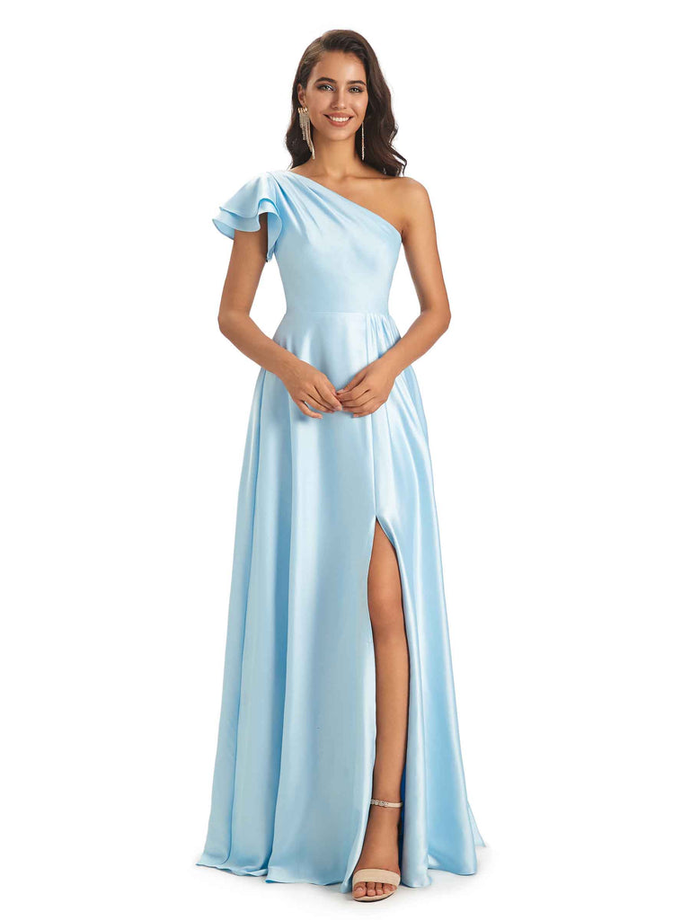 Sexy Soft Satin Side Slit A-Line One Shoulder Floor-Length Long Bridesmaid Dresses