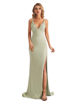 Sexy Spaghetti Straps Backless Mermaid Side Slit Jersey Long Modern Bridesmaid Dresses