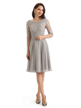 Elegant Scoop Lace Chiffon Half Sleeves Knee Length Short Mother Of The Bride Dresses