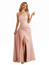 Simple One Shoulder Ruched Satin Long Formal Evening Dresses For Women