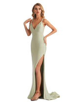 Sexy Spaghetti Straps Backless Mermaid Side Slit Jersey Long Modern Bridesmaid Dresses