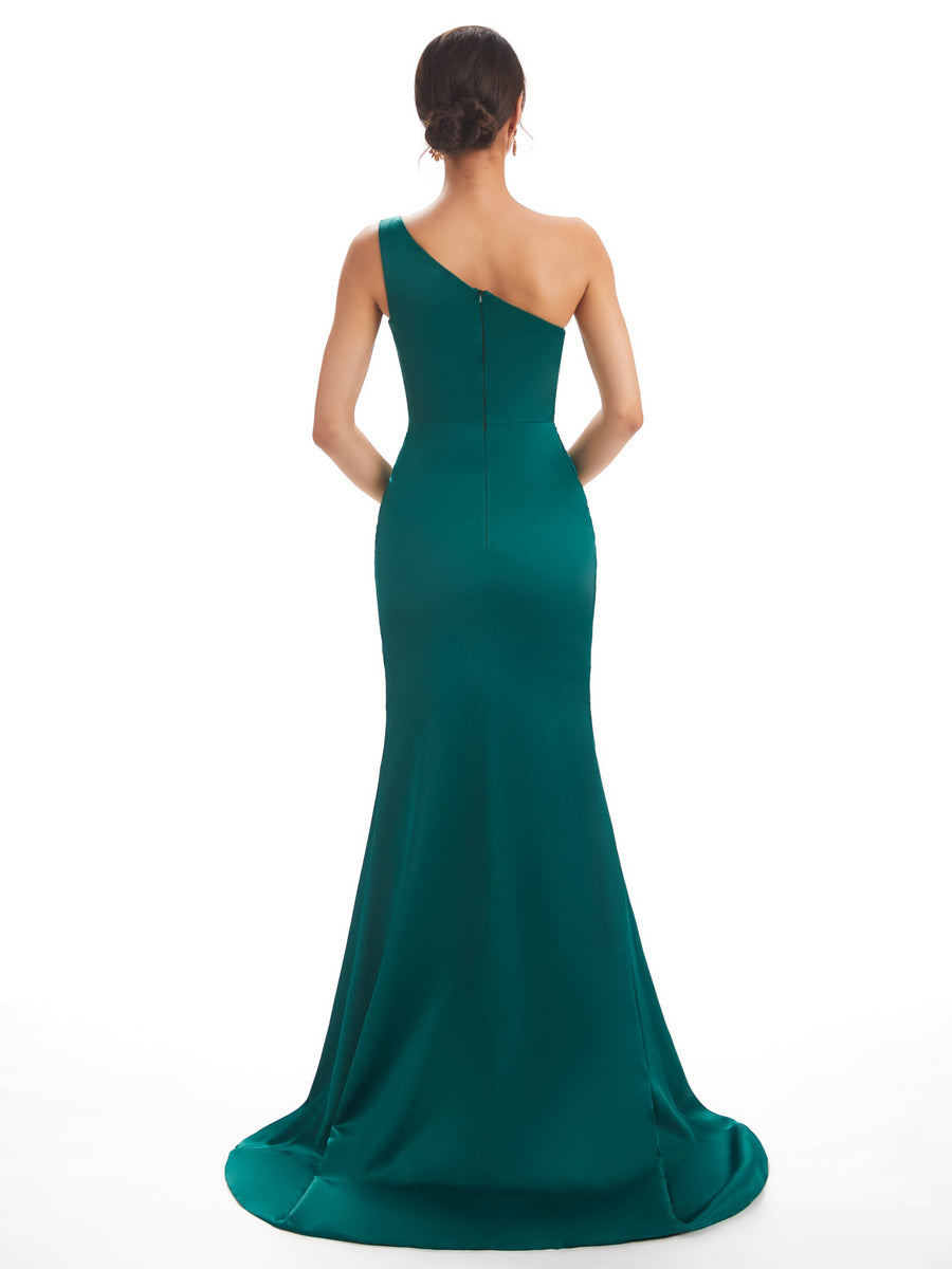 Sexy Soft Satin Side Slit One Shoulder Long Mermaid Formal Long Dresses For Weddings