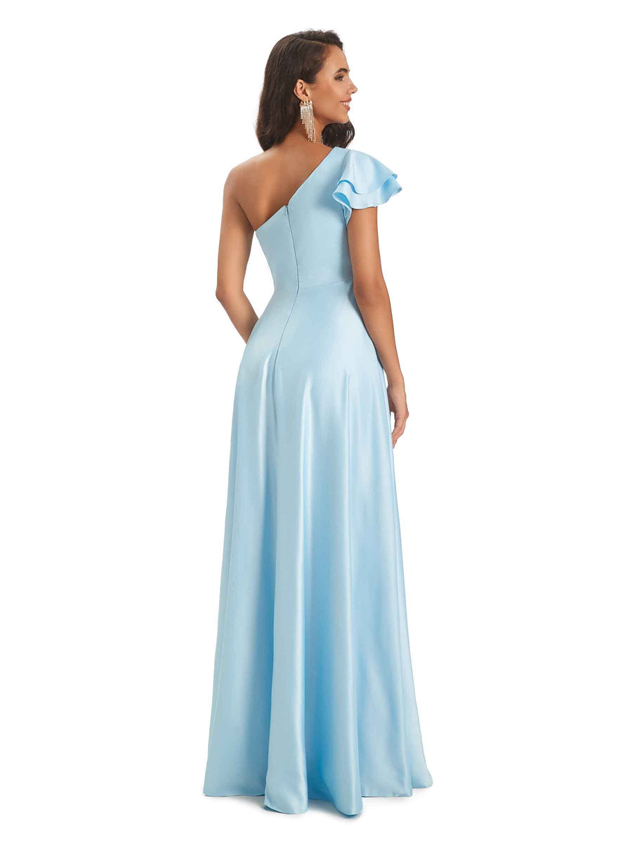 Sexy Soft Satin Side Slit A-Line One Shoulder Ladies Long Bridesmaid Dresses