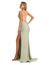 Sexy Spaghetti Straps Backless Mermaid Side Slit Stretchy Jersey Long Formal Bridesmaid Dresses