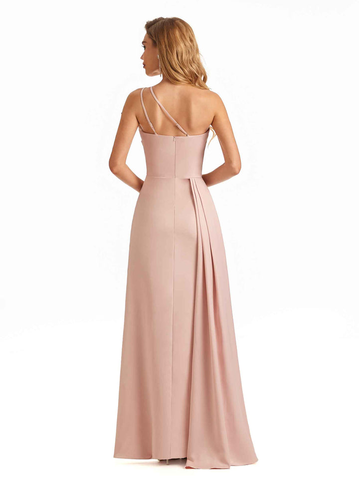 Simple One Shoulder Spaghetti Strap Soft Satin Long Beautiful Wedding Guest Dresses