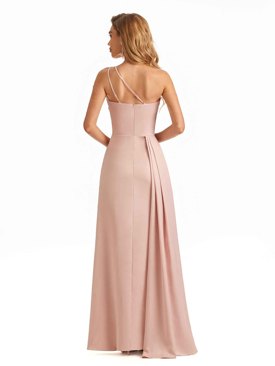 Simple One Shoulder Spaghetti Strap Soft Satin Long Beautiful Wedding Guest Dresses
