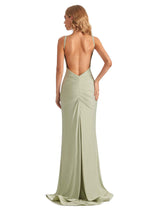 Sexy Spaghetti Straps Backless Mermaid Side Slit Jersey Long Modern Bridesmaid Dresses