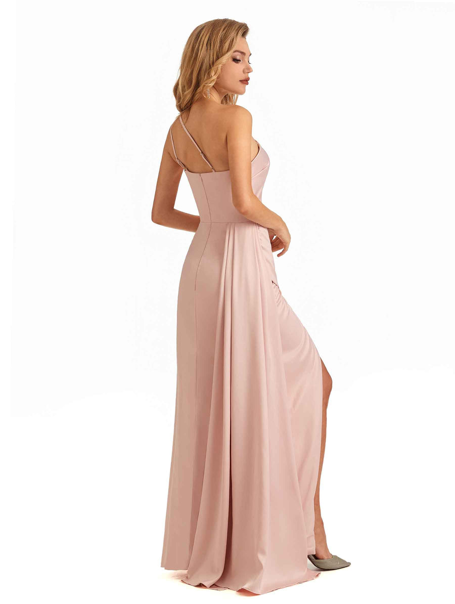 Simple One Shoulder Spaghetti Strap Soft Satin Long Beautiful Wedding Guest Dresses