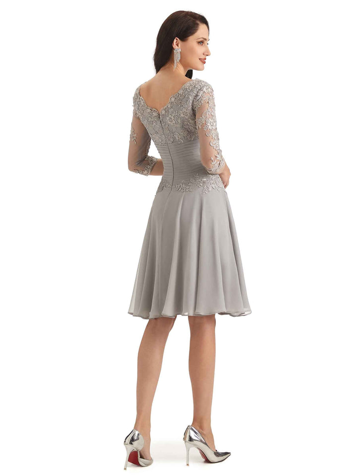 Elegant Scoop Lace Chiffon Half Sleeves Knee Length Short Mother Of The Bride Dresses