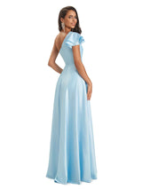 Sexy Soft Satin Side Slit A-Line One Shoulder Ladies Long Bridesmaid Dresses