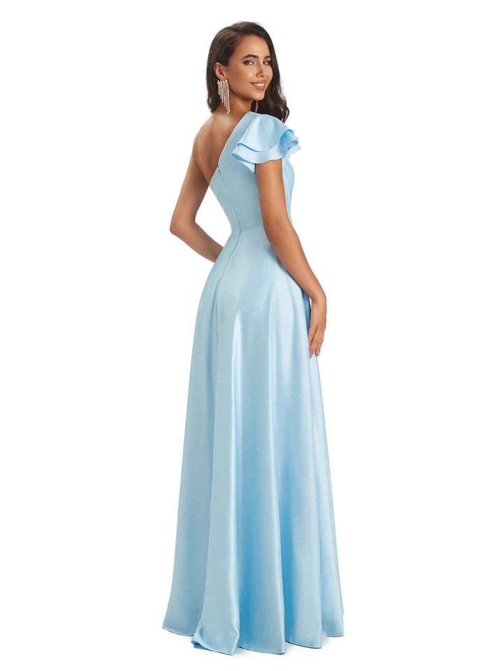 Sexy Soft Satin Side Slit A-Line One Shoulder Ladies Long Bridesmaid Dresses