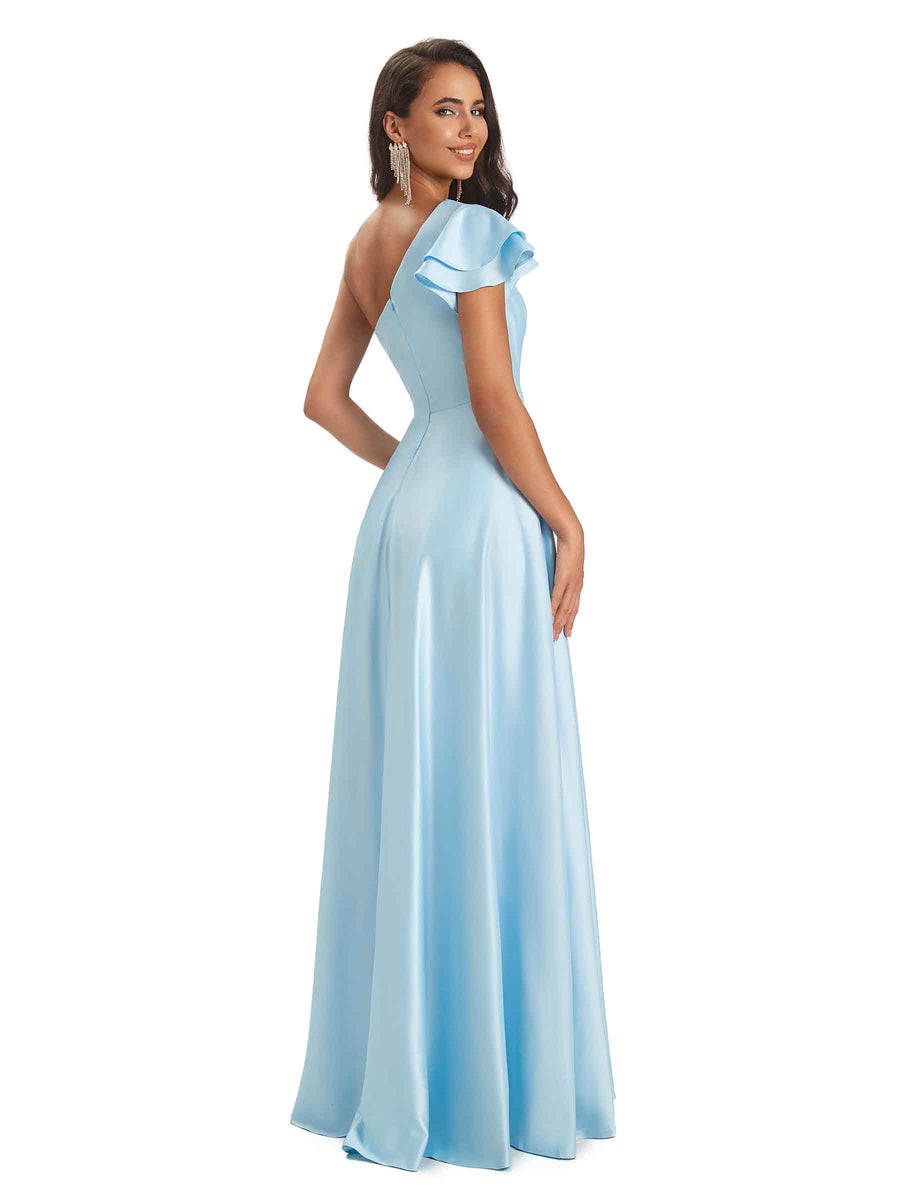 Sexy Soft Satin Side Slit A-Line One Shoulder Ladies Long Bridesmaid Dresses