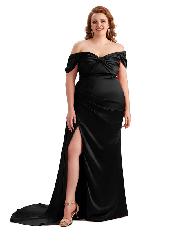 Sexy Off Shoulder Side Slit Mermaid Soft Satin Long Plus Size ...