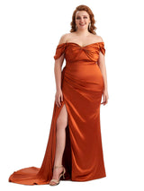 Plus Size Sexy Side Slit Off The Shoulder Mermaid Soft Satin Long Bridesmaid Dress For Wedding
