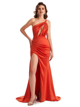 Sexy Mermaid Side Slit One Shoulder Soft Satin Maxi Long Maid Of Honor Dresses