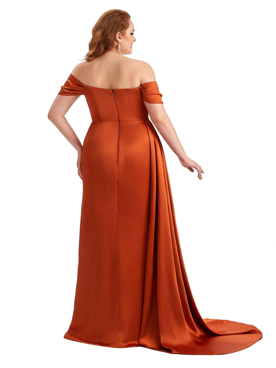 Plus Size Sexy Side Slit Off The Shoulder Mermaid Soft Satin Long Bridesmaid Dress For Wedding