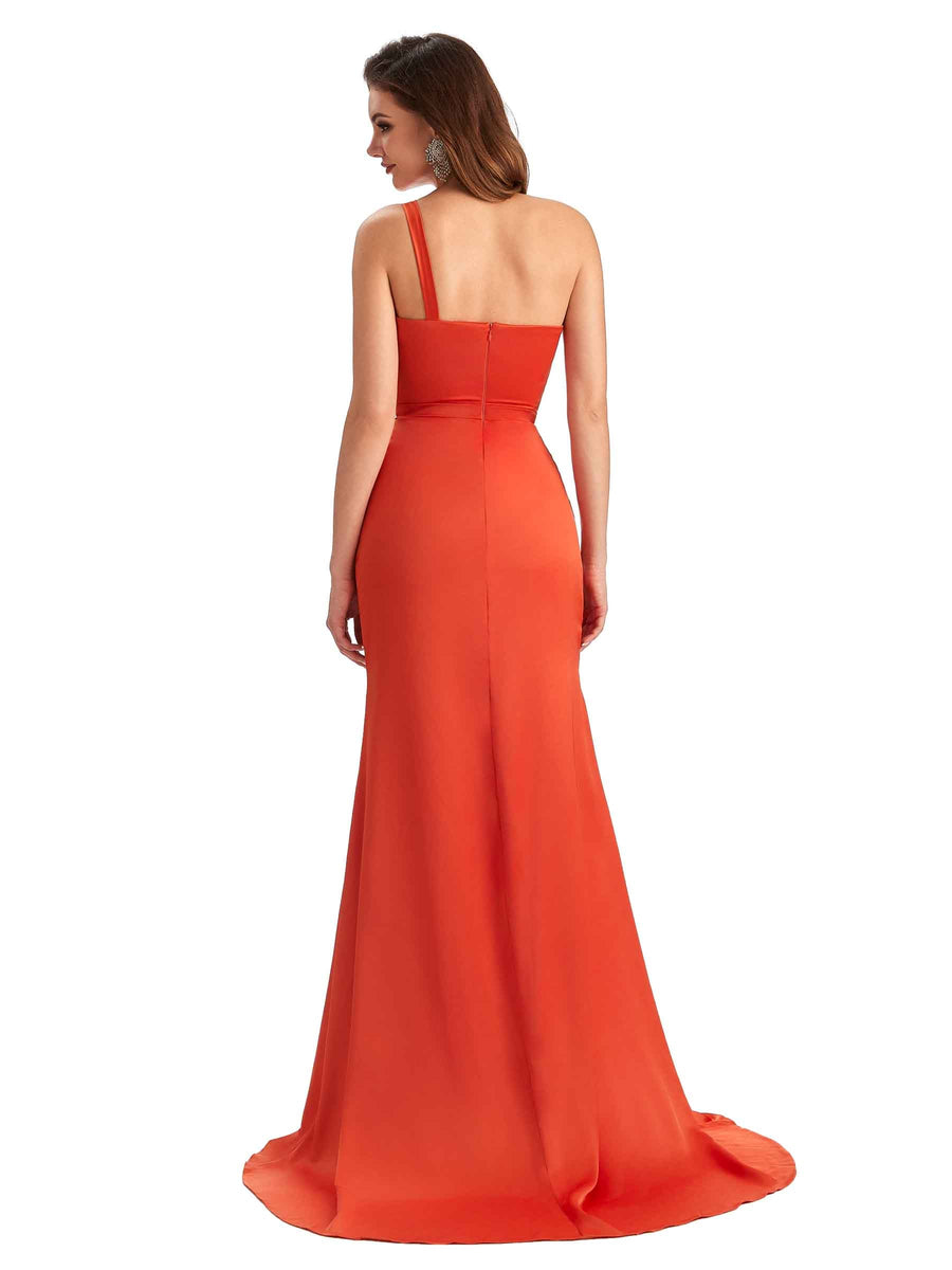 Sexy Mermaid Side Slit One Shoulder Soft Satin Maxi Long Maid Of Honor Dresses